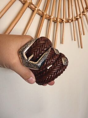 American Vintage Braided Brown Leather Belt with Ornate Silver Buckle